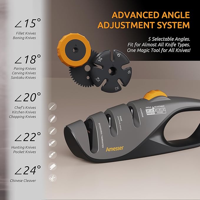5-Angle Adjustable Knife Sharpener for Kitchen Knives, Scissors & Pocket Knives – Precision 15°-24° Sharpening with Coarse & Fine Slots, Non-Slip Base & Ergonomic Handle, Safe & Easy to Use