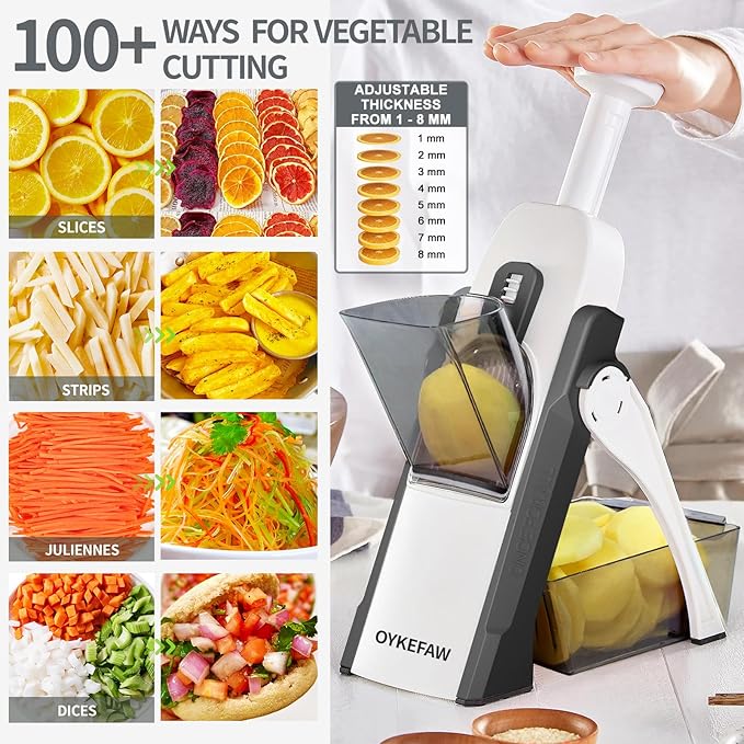 Safe Mandoline Slicer for Kitchen, 5 in 1 Vegetable Chopper, French Fry Cutter For Potatoes, Potato Slicer,Food Chopper,Adjustable Thickness 0.1-8 mm, With Peeler/Cleaning Brush, Mandolin
