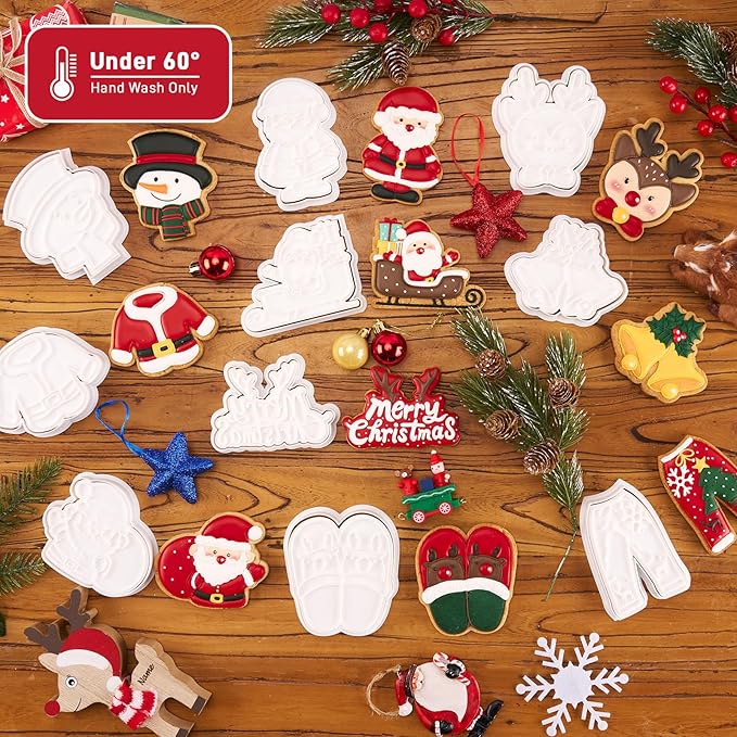 Flycalf Christmas Cookie Cutters Pajamas Set of 4 with Plunger Stamps Holiday PLA Baking Accessories Cutter Molds Gifts Decorative Party 3.5" Kitchen Cake Supplies
