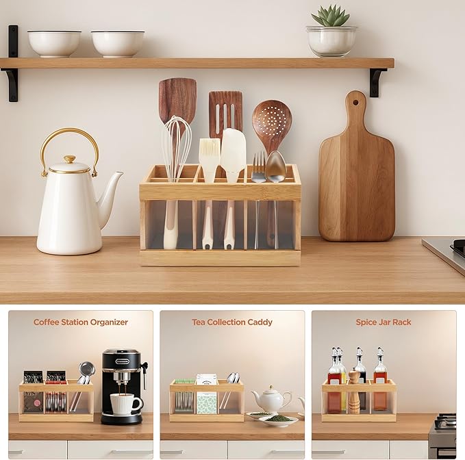 Kitchen Utensil Holder 6-Compartment Countertop Cooking Spoon Holder with Absorbing Drying Stone & Acrylic Panel Bamboo Kitchen Utensil Organizer