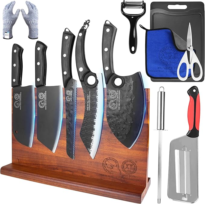XYJ Authentic Since 1986, Kitchen Knife Block Set, Knives Set with Magnetic Knife Block, Sharpening Stick, Gloves, Scissors, Chopping Board, Washing Towel, Chef Knives Set, Full Tang Handles