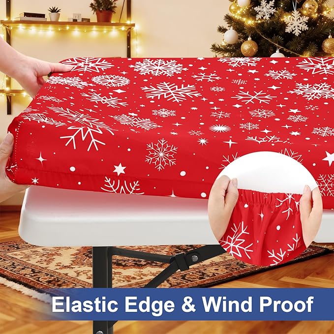 homing Rectangle Table Cloth Cover, Waterproof Polyester Elastic Fitted Tablecloth, Fits for 6 Foot Folding Tables, Washable Table Protector for Christmas, Holiday, Party (Snowflakes, 30" x 72")