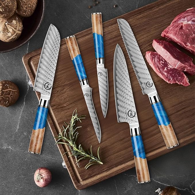 5 Piece Damascus Knife Set, Professional Japanese Knife Set with Japanese VG 10 Steel Core, Blue Resin Handle, Includes Chef, Santoku, Bread, Boning & Paring Damascus Knives in Gift Box