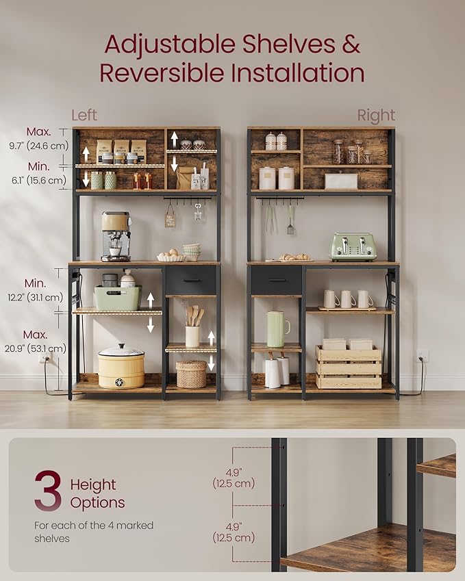VASAGLE Bakers Rack with Charging Station, Coffee Bar with Adjustable Storage Shelves, Fabric Drawer, 12 Hooks, 15.7 x 39.4 x 71 Inches, Kitchen Microwave Stand, Rustic Brown and Ink Black UKKS027K01