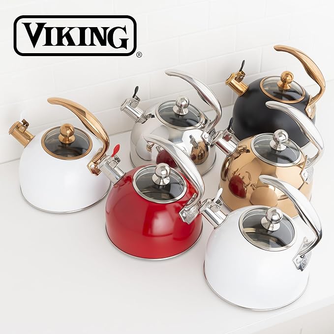 Viking 3-Ply Stainless Steel Tea Kettle, 2.6 Quart Stovetop Hot Water Pot with Tempered Glass Lid, Ergonomic Handle, Induction Ready, Red