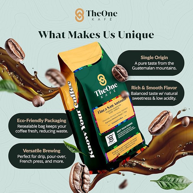 TheOne Kafé Guatemala Medium Roast Ground Coffee – Organic, Single Origin, Premium Specialty Coffee, Ethically Sourced, Smooth & Rich Flavor – Fresh Roasted for Espresso, Drip, Pour Over – 12 oz