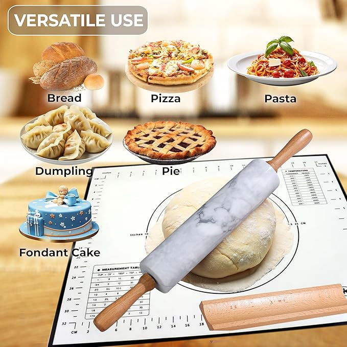 Nonstick Marble Rolling Pin with Wooden Handles and Wooden Resting Base-Ideal for Dough-Pastry Bread Tortillas and Pizza-Essential Baking and Kitchen Tool