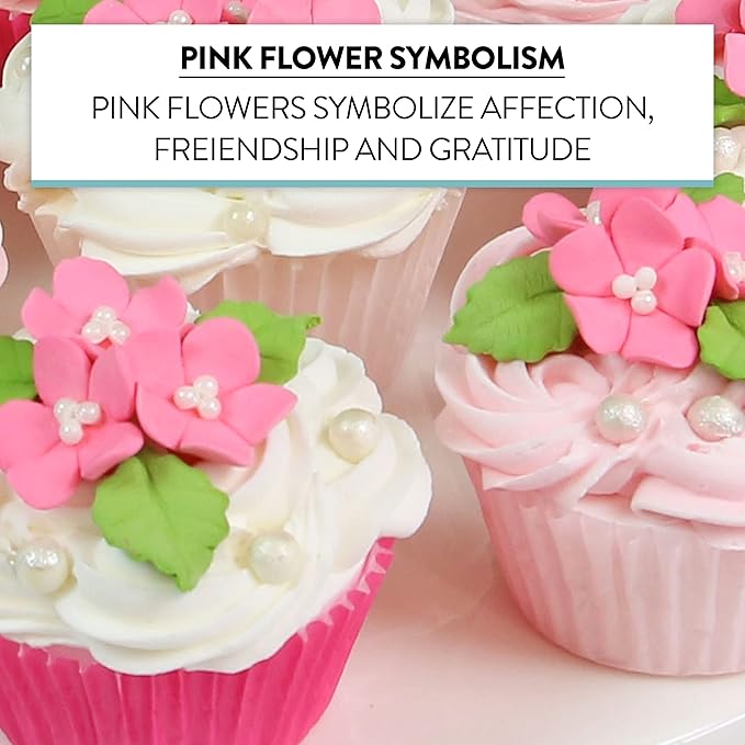 Global Sugar Art Blossoms and Leaves Edible Sugar Cake & Cupcake Flowers, Pink, Small Unwired, 24 Count with Leaves by Chef Alan Tetreault
