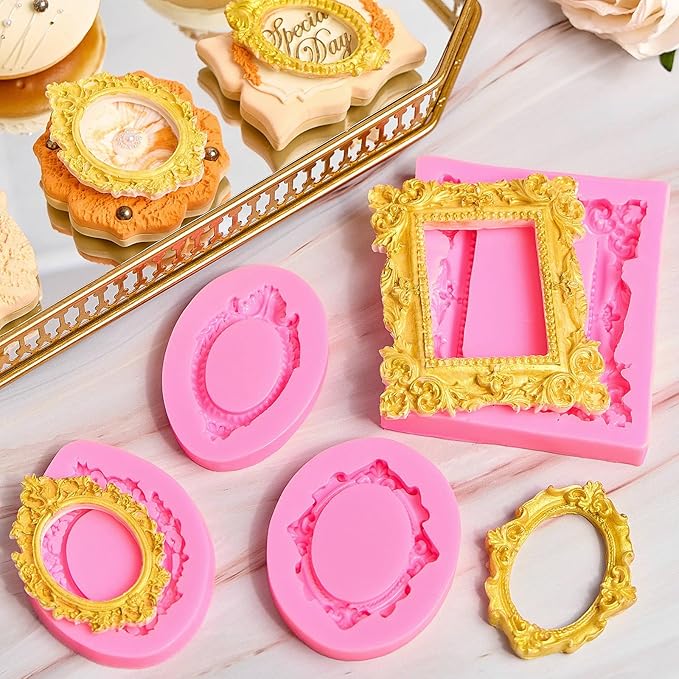 JOERSH 4PCS Baroque Frame Mold, Picture Photo Frames and Mirrors Silicone Fondant Mold for Cake Decorating, Cupcake Topper, Chocolate, Candy, Sugarcraft, Dessert Decor