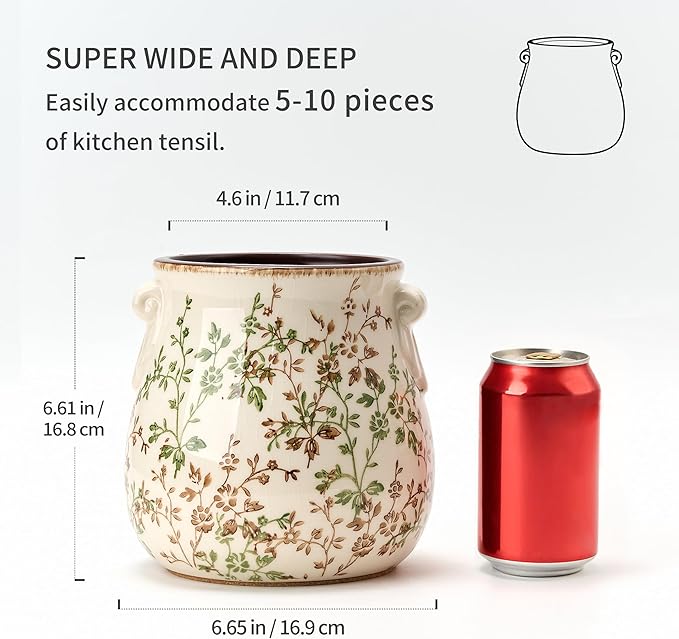 Utensil Holder for Kitchen Counter, Modern Farmhouse Rustic Cooking Utensil Holder and Crock, Exquisite Chinoiserie Floral Ceramic Utensil Organizer for Home Kitchen Decor- Green and Beige