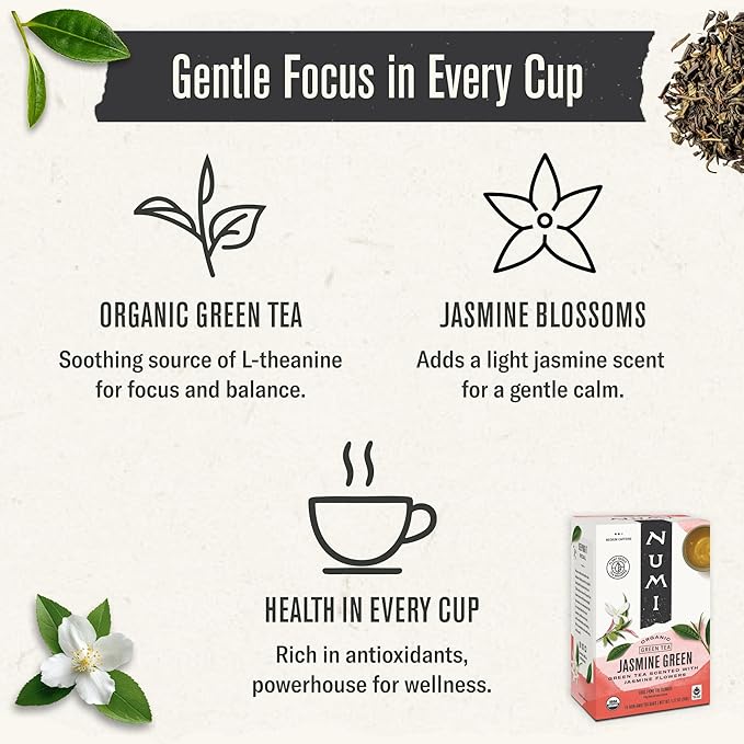 Numi Organic Tea Jasmine Green, 18 Count (Pack of 3) Box of Tea Bags (Packaging May Vary)