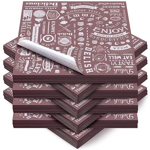 Outus 600 Pcs 12 x 12 Inch Deli Wax Paper Sheets Grease Resistant Tray Basket Liners Newsprint Paper Water and Grease Proof Sandwich Wrapping Square Hot Dog Wrappers for Food Baking (Coffee Color)