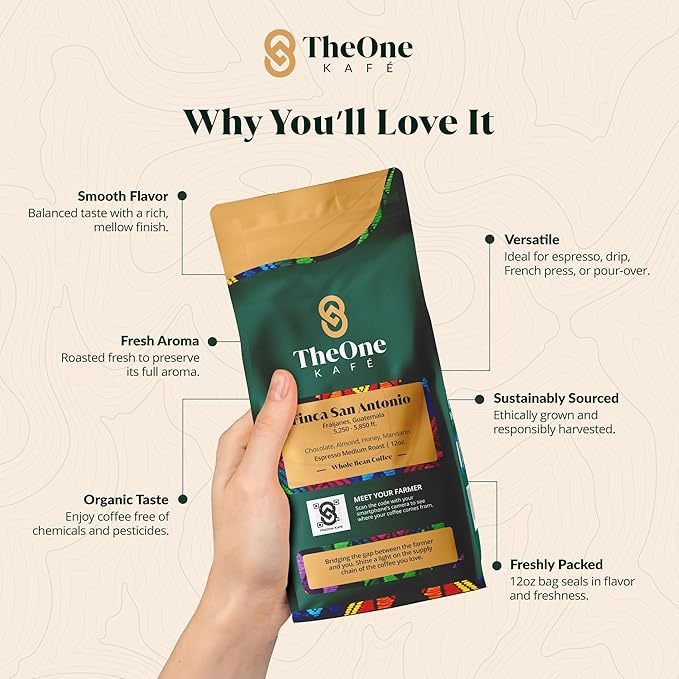 TheOne Kafé Guatemala Medium Roast Whole Bean Coffee – Organic, Single Origin, Premium Specialty Coffee, Ethically Sourced, Smooth & Rich Flavor – Fresh Roasted for Espresso, Drip, Pour Over – 12 oz