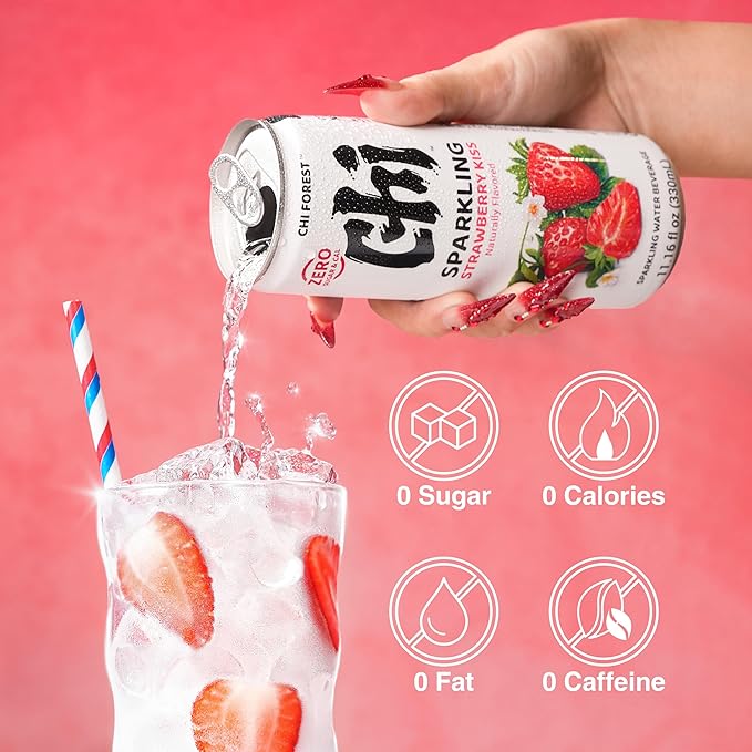 CHI FOREST Strawberry Sparkling Water Beverage, Zero Sugar Drinks, Zero Artificial Flavor, 11.16 fl oz Cans (Pack of 24)