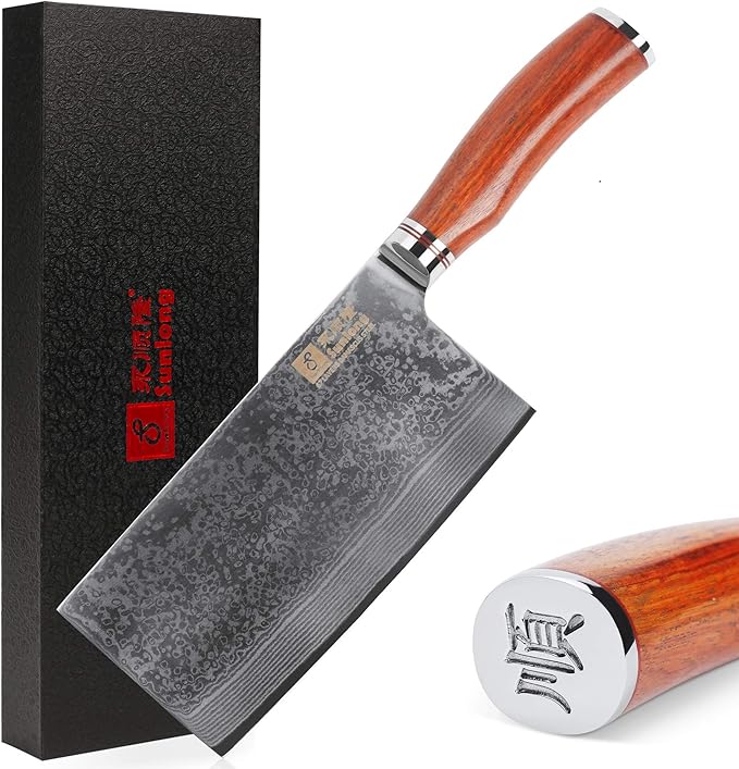 SUNLONG Meat Cleaver 7 inch Chinese Vegetable Cleaver -Japanese Hammered Damascus Steel-Bloodwood Handle