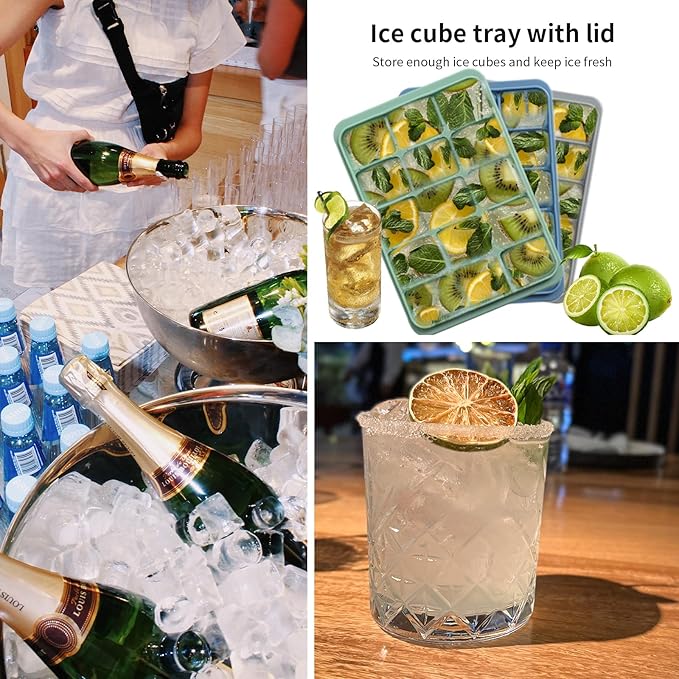 Ice Cube Trays Set of 3, Easy Release 15 Flexible Silicone Ice Cube Molds with Removable Lid Reusable Freezer Ice Trays Stackable for Whiskey, Baby Food, Green+Blue+Grey