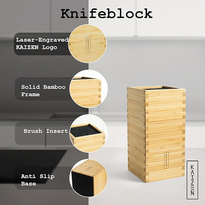 KAIZEN Bamboo Knife Block Without Knives - Perfectly Sized Universal Knife Holder for Knives, Scissors - Unique Knife Storage for Counter Top with Anti-Slip Base (Natural Wood)