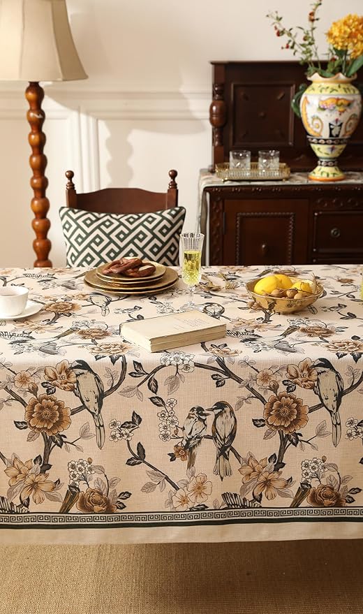 ISAENNE Designer Vintage Linen Long Rectangle Tablecloth,Floral and Bird Pattern Elegant Table Cloth,Fall Wrinkle Resistant Decor Tablecloths for Dining Kitchen Christmas,63"*94"-Murad A