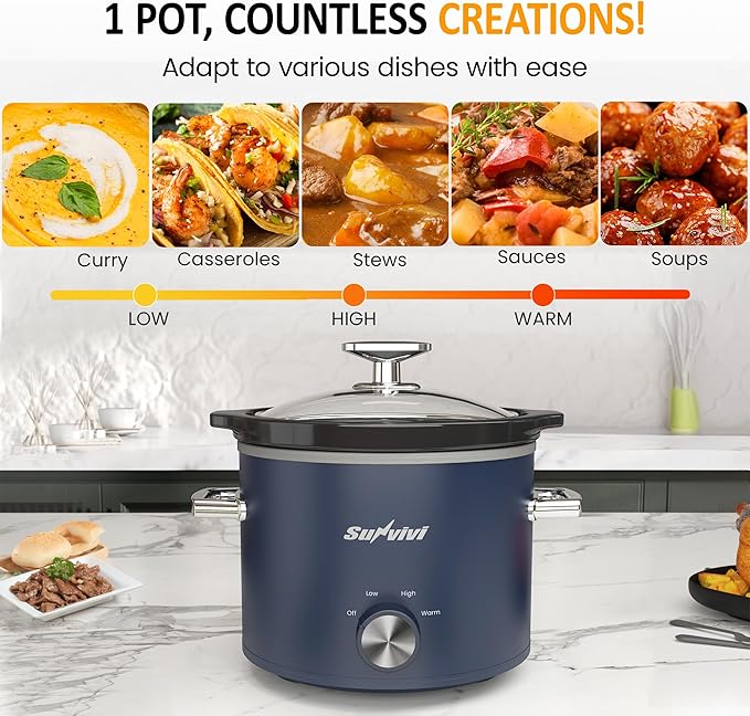 Sunvivi 2 Quart Slow Cooker, Small Slow Cooker with Removable Ceramic Pot, Food Warmer with 3 Heating Settings & Dishwasher Safe Glass Lid, Blue