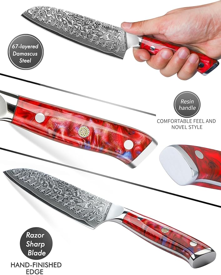 Santoku Knife - 7 inch - Xuan Series - VG10 Damascus Steel Kitchen Knife - Resin Handle (Sunset Red)
