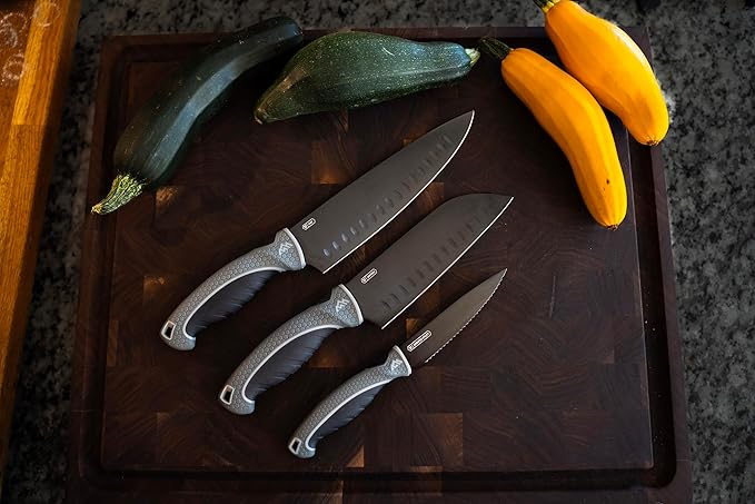 OUTDOOR EDGE ErgoMax Chef Selection Knife Set - Includes Chef, Santoku & Kitchen Serrated Utility Knife, Great for Cooking, Meal Prep & Home Kitchens