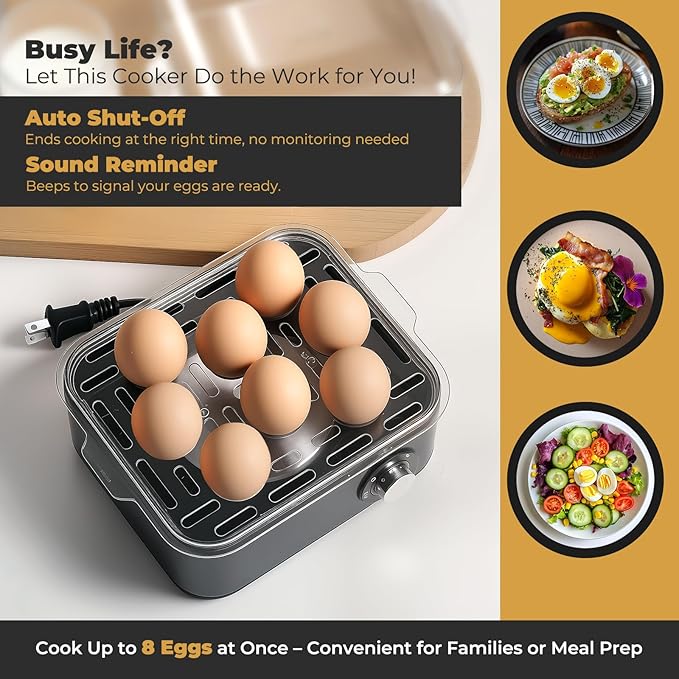 Annie & Mia Design Electric Egg Cooker, Stainless Steel 8 Egg Capacity egg boiler, 500W, Hard, Medium, Soft Boiled Egg Poacher, egg steamer, Multi-function, Knob Auto Shut-Off Function (Black)