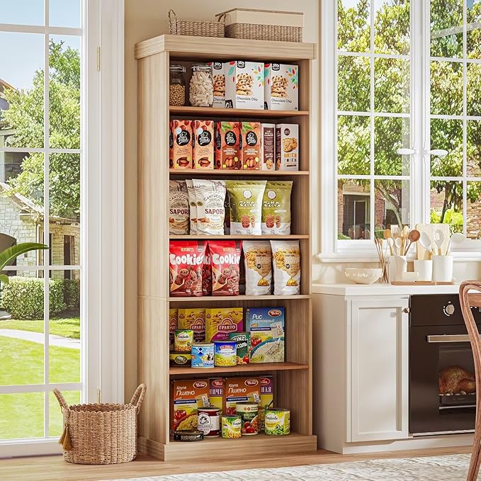 70.8" Tall Brown Bookshelf with Glass Doors, Farmhouse Modular Bookcase with 6-Tier Adjustable Shelves, Large Storage Cabinet for Home Office, Living Room, Set of 4