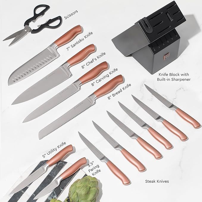 Styled Settings 14-Piece Knife Set with Block & Built-In Sharpener – Ultra-Sharp Full Tang Kitchen Knives – Premium Cooking & Prep Essentials, Copper Handle, Silver Blade & Black Block