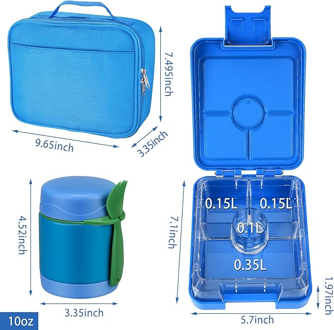 Bento Lunch Box Set for Kids with 10oz Soup Thermo, Leak-Proof Lunch Containers with 4 Compartment, Thermo Hot Food Jar and Insulated Lunch Bag for Kids to School,BPA-Free(Blue)