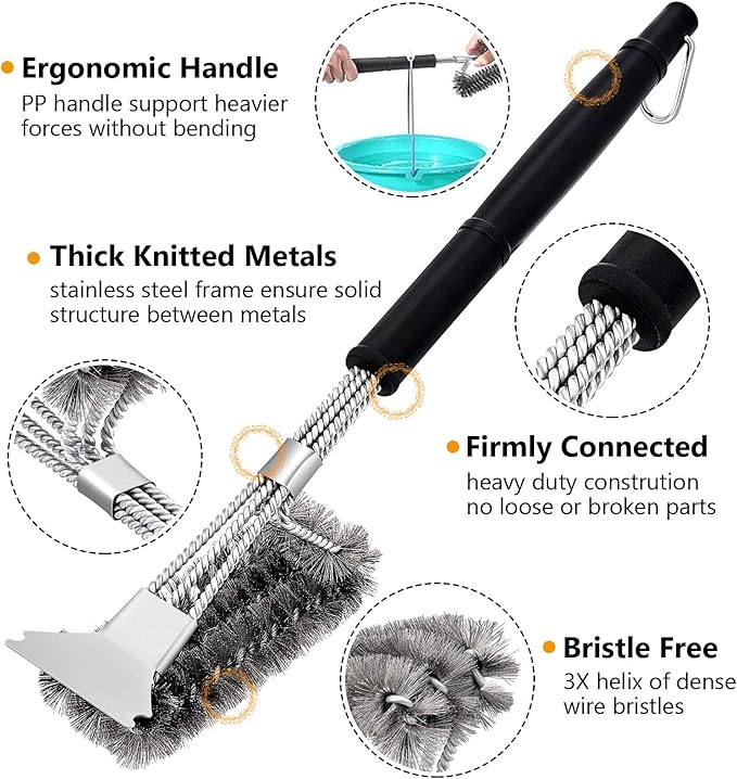 HaSteeL Grilling Utensil Set 18in, Stainless Steel BBQ Accessories Tools with Bag for Outdoor Cooking Camping, Heavy Duty Grill Spatula, Tong, Meat Fork, Basting Brush, Cleaning Brush, Man’s Gift
