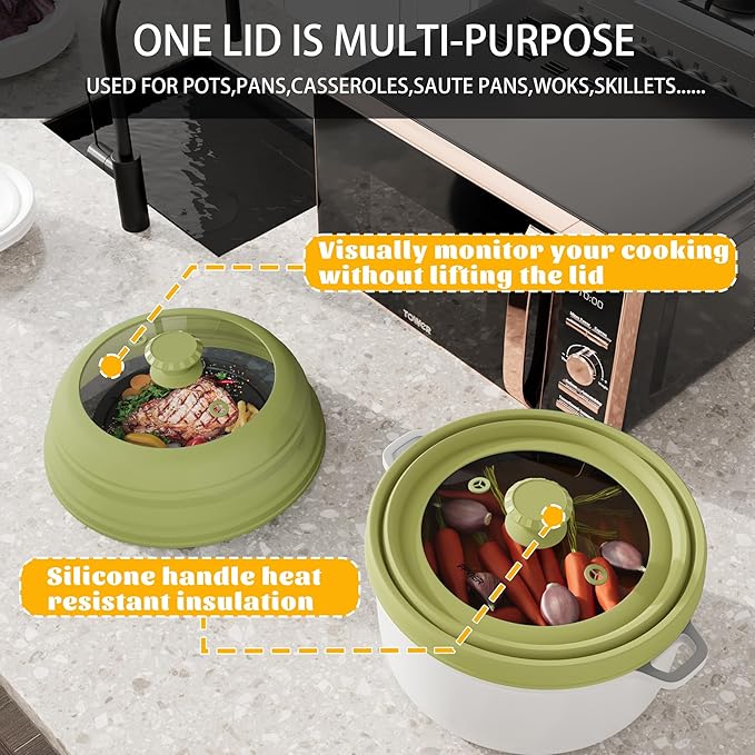 Collapsible Microwave Splatter Cover - Vented Silicone & Glass Lid with Easy-Grip Handle, Fits 6 to 8 Inch Plates & Bowls, 9 Inch Diameter, Prevents Splatters & Ensures Even Heating