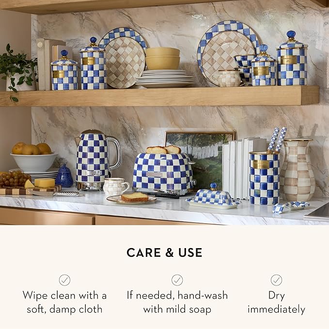 MACKENZIE-CHILDS Large Enamel Canister, Kitchen Storage Container for Flour and Sugar, 1.89 Liters, Blue-and-White Royal Check