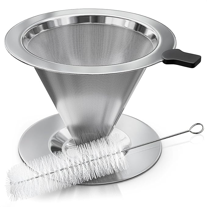 Stainless Steel Pour Over Coffee Maker With Cleaning Brush & Non-Slip Silicone Handle - 2 Cups Capacity Stainless Steel Coffee Pour Over Dripper With Secure Wide Base, Clean Flavor Paperless