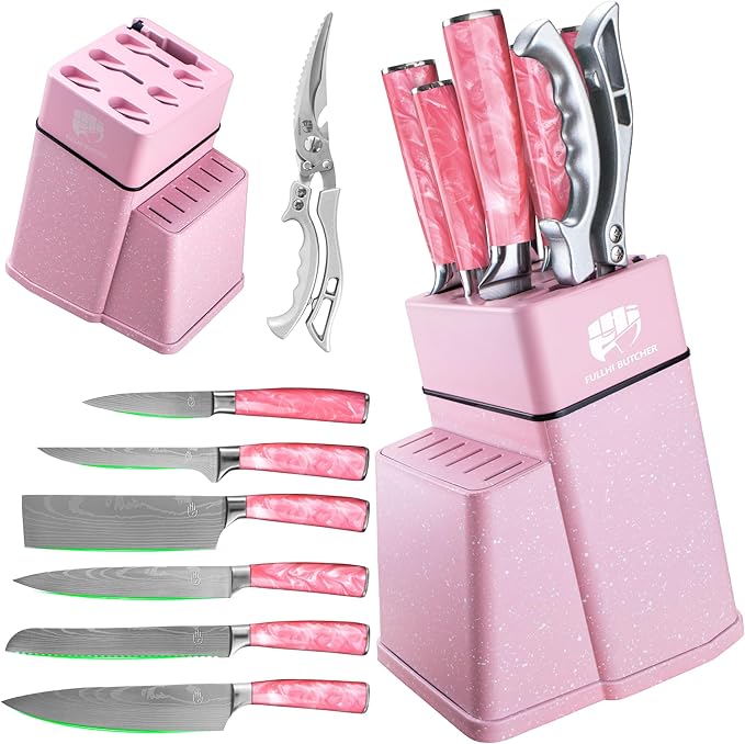 FULLHI 8pcs block Knife Set,chef's Knves Set with Block and Sharpener, Kitchen Knife Set,Multi-colour Handle, Gifts for Men Women