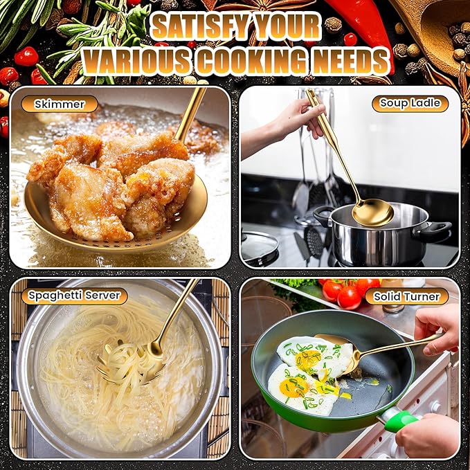 9 Pcs 304 Stainless Steel Utensils Set with Wood Handle Metal Cooking Tool Spatula, Solid Spoon, Slotted Spoon, Fork, Ladle, Skimmer, Slotted Spatula Spaghetti(Gold,Stainless Steel)
