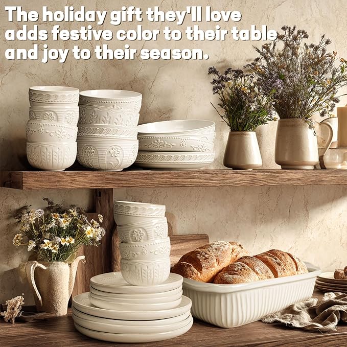 Artena Small Bowls Set of 4, 12 oz Ceramic Embossment Dessert Bowls, white Bowl for Kitchen, Ice Cream, Side Dishes, Rice, Cereal, Fruit, 4.5 Inch, Microwave & Dishwasher Safe, Wheat Leaf