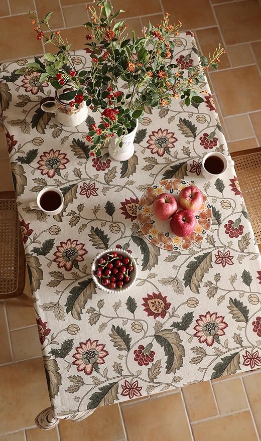 ISAENNE Designer Provence Floral Long Rectangular Tablecloth,Linen Colorful Washable Indoor Table Cloth,Durable Decor Tablecloths for Dining Thanksgiving Kitchen Christmas,63"*94"-Ratina