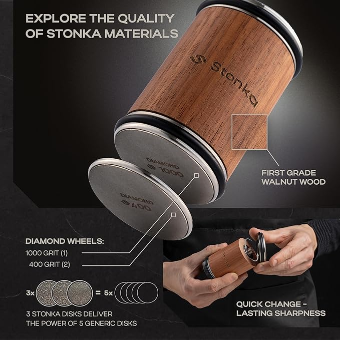 Stonka Walnut Rolling Knife Sharpener Kit – Dual-Grit Diamond Wheels Kit (400/1000), Easy to Use Knife Sharpener Roller with Magnetic Holder with 15° & 20°, Leather Strap