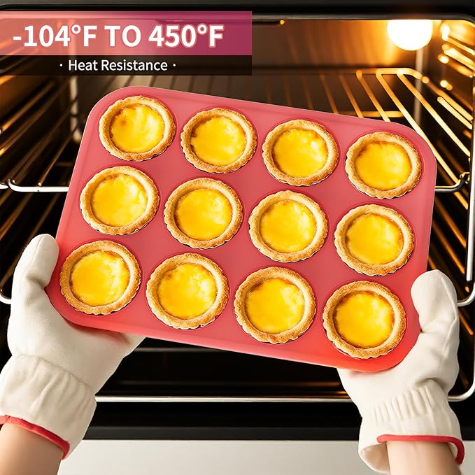 Bangp 12-Cup Silicone Muffin Pan with Metal Reinforced Frame,2 Pack Regular Size Cupcake Pan,Premium Non-Stick Bend Resistance Silicone Molds for Making Muffin,Cakes,Tart,Egg Bites (Red & Blue)