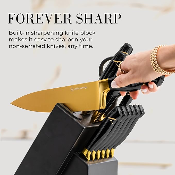 Personalized Black and Gold Knife Set with Block and Sharpener – 14-Piece Custom Engraved Titanium-Coated Gold Knives – Full Tang, Stainless Steel, Ergonomic, Gift-Ready