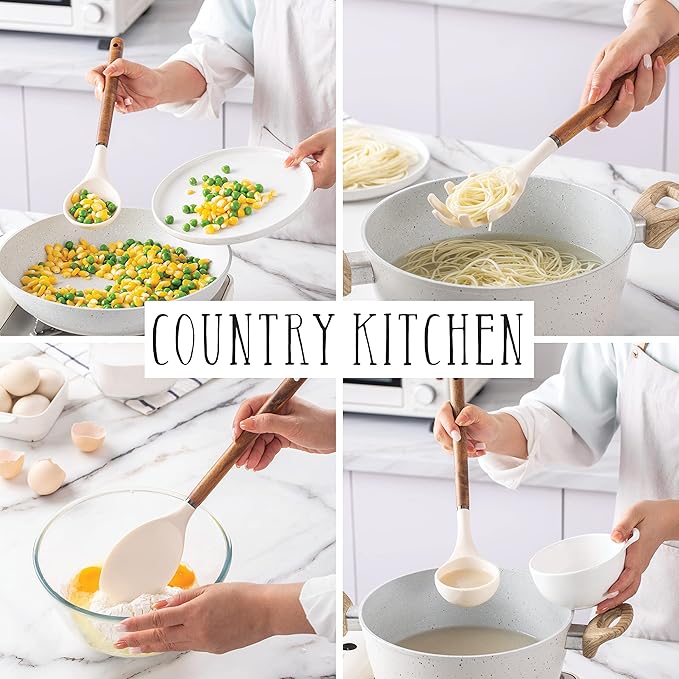 Country Kitchen Non Stick Silicone Utensil Set with Rounded Wood Handles for Cooking and Baking, 8 Piece Set, Khaki
