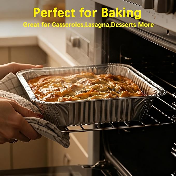 Aluminum Baking Pan Half-Size, 9x13 Inches, Heavy-Duty Disposable Aluminum Foil Pan, Deep Baking Pan Suitable for Cake Baking, Cooking, Roasting, Heating, and Steaming Meal Tray (10 PACK)