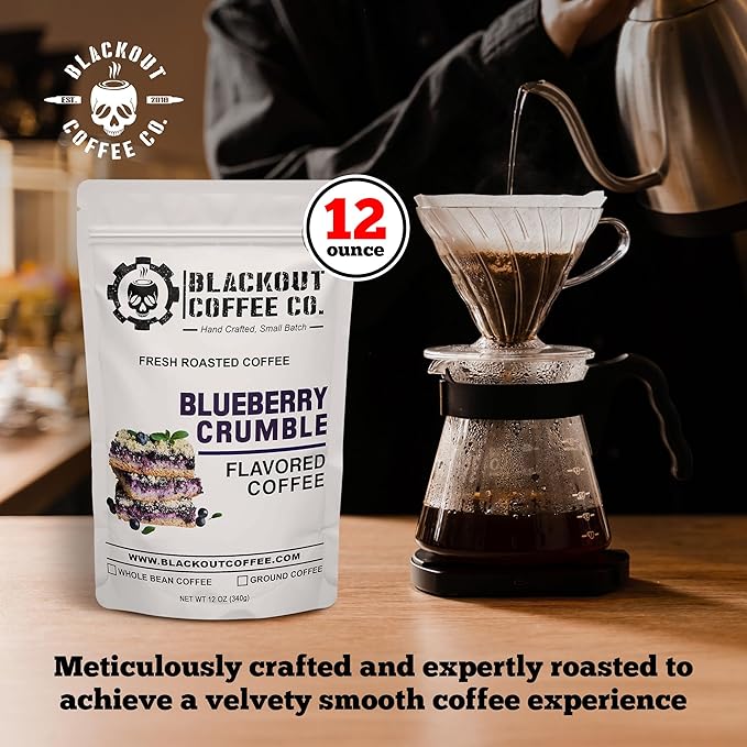 Blackout Coffee Blueberry Crumble Flavored Ground Coffee – Medium Roast, Smooth Taste, Guilt-Free Indulgence – Freshly Roasted 12oz Bag, American Made