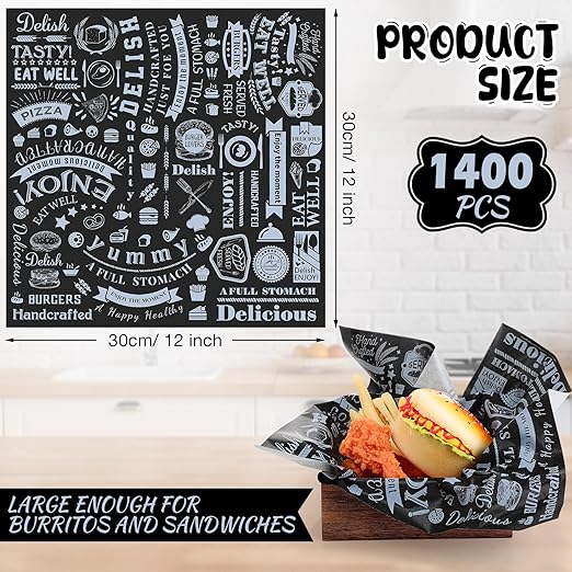 Outus 1400 Pcs 12 x 12 Inch Deli Wax Paper Sheets Grease Resistant Tray Basket Liners Newsprint Paper Water and Grease Proof Sandwich Wrapping Square Hot Dog Wrapper for Food Baking (Black)