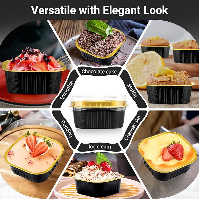 EUSOAR Square Dessert Cups with lids, 10oz 50pcs Disposable Muffin Liners Cupcake Cups Desserts Flan, 300ml Baking Cups, Aluminum Foil Desserts Flan, Custard Cake Catering Gathering Favor-Black Gold
