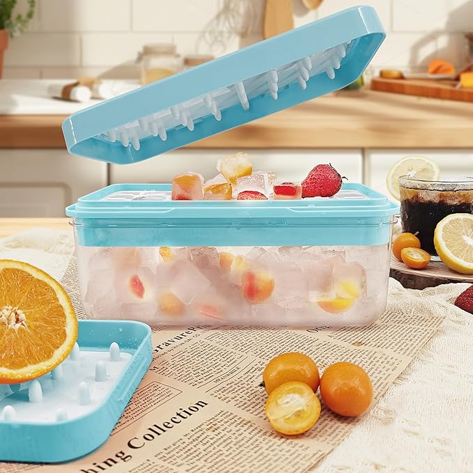 Satax Silicone & Plastic Ice Cube Trays with Lids and Bin - Durable, BPA-Free, Easy Release, Perfect for Cocktails, Coffee & More (1, blue)