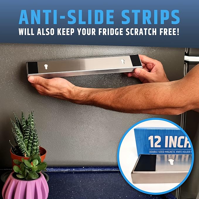12" Premium Magnetic Knife Holder for Refrigerator (Double-Sided Heavy-Duty Magnets) - Upgraded Strip for Strong Fridge Mount - Clear Up Counter Space - 304 Anti-Rust Stainless Steel (Upgraded Design)