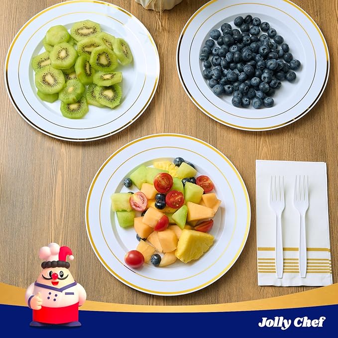 JOLLY CHEF 200 Pieces Gold Plastic Plates, 10 Inch Elegan Disposable Plates White Plate with Gold Rim,Plastic Plates for Thanksgiving、Birthdays and Weddings