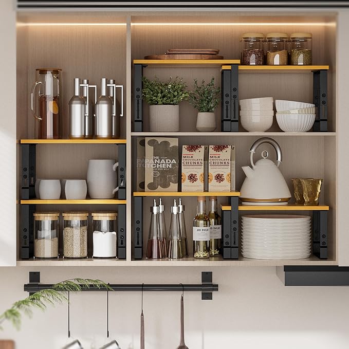 Kitchen Cabinet Organization Shelf，Set of 2 Height Adjustable Storage Racks，Stackable，Expandable，Countertop Shelves Organizer，Pantry Shelving