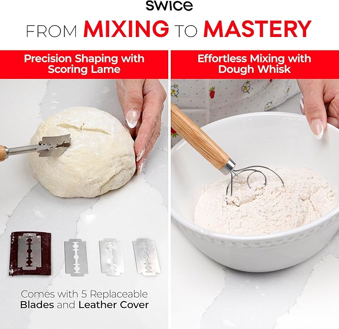 Swice Bread Proofing Basket, Round 9-Inch Banneton Sourdough Starter Kit with Lame, Dough Scraper, Linen Liner, and Basting Brush, Complete Bread Making Supplies and Tools